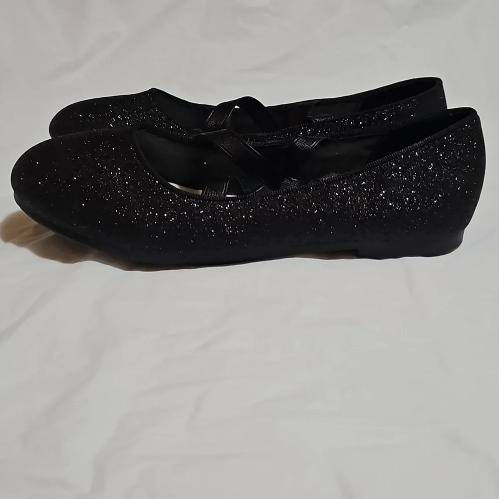 MEI MACLEOD Girls Size 5 Black Glitter Strappy Flats Used